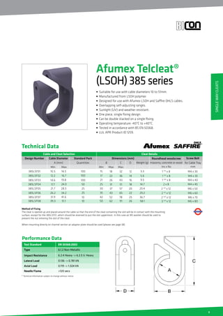 9
Afumex Telcleat®
(LSOH)385series
• Suitable for use with cable diameters 10 to 51mm.
• Manufactured from LSOH polymer.
• Designed for use with Afumex LSOH and Saffire OHLS cables.
• Overlapping self-adjusting ranges.
• Sunlight (UV) and weather resistant.
• One piece, single fixing design.
• Can be double stacked on a single fixing.
• Operating temperature -40ºC to +40ºC.
• Tested in accordance with BS EN 50368.
• LUL APR Product ID 1259.
Method of Fixing
The cleat is opened up and placed around the cable so that the end of the cleat containing the slot will be in contact with the mounting
surface, except for the 385LSF01, which should be reversed to put the slot uppermost. In this case an M5 washer should be used to
prevent the nut entering the slot of the cleat.
When mounting directly on channel section an adaptor plate should be used (please see page 38).
EN 50368:2003
Type
Impact Resistance
Lateral Load
Axial Load
Performance Data
* Technical Information subject to change without notice
6.1.2 Non-Metallic
6.2.4 Heavy - 6.2.5 V. Heavy
0.136 - 0.781 kN
0.119 - 1.024 kN
Test Standard
Needle Flame 120 secs
385LSF08 39.3 51.1 50 58.110 62 91 26 3 1/4
x 12 M6 x 80
Cable and Cleat Selection Cleat Details
Design Number Dimensions (mm)Cable Diameter
A (mm) B
385LSF01 10.5 14.5 15 3.3
385LSF02 12.2 16.7
385LSF03 14.6 19.8
385LSF04 17.7 24.0
385LSF05 21.7 28.5
385LSF06 26.2 34.2
Technical Data
385LSF07 31.9 41.6
17 5.6
21 9.5
25 14.7
30 20.4
35 29.2
42 36.7
MaxMin
Standard Pack
Quantities
100
100
100
50
25
25
10
C D
MaxMin Max
Roundhead woodscrew
masonry, concrete or wood
ins x No mm
18
22
26
31
37
43
52
32
36
43
51
57
65
78
12
14
16
18
20
22
25
Weight (g)
1 1/4
x 8
1 1/2
x 8
1 3/4
x 8
2 x 8
2 1/4
x 12
2 1/2
x 12
2 3/4
x 12
M4 x 30
M4 x 35
M4 x 40
M4 x 45
M6 x 50
M6 x 60
M6 x 70
Screw Bolt
for Cable Tray
SingleWayCleats
 
