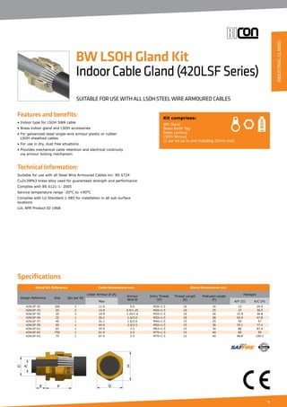 11
Specifications
Features and benefits:
• Indoor type for LSOH SWA cable
• Brass indoor gland and LSOH accessories
• For galvanized-steel single-wire armour plastic or rubber
LSOH sheathed cables
• For use in dry, dust free situations
• Provides mechanical cable retention and electrical continuity
via armour locking mechanism
Technical Information:
Suitable for use with all Steel Wire Armoured Cables inc: BS 6724
CuZn39Pb3 brass alloy used for guaranteed strength and performance
Complies with BS 6121-1: 2005
Service temperature range -20°C to +90°C
Complies with LU Standard 1-085 for installation in all sub-surface
locations
LUL APR Product ID 1968
Gland Kit Reference Cable Dimensions mm Gland Dimensions mm
Design Reference Size Qty per Kit
Under Armour Ø (A)
Armour
Wire Ø
Entry Thread
(D)
Thread Length
(E)
Protrusion Length
(F)
Hexagon
Max A/F (G) A/C (H)
420LSF-52 20S 2 11.6 0.9 M20×1.5 10 24 22 24.9
420LSF-53 20 2 13.9 0.9/1.25 M20×1.5 10 25 27 30.5
420LSF-55 25 2 19.9 1.25/1.6 M25×1.5 10 26 32.9 36.8
420LSF-56 32 1 26.2 1.6/2.0 M32×1.5 10 28 42.4 47.8
420LSF-57 40 1 32.1 1.6/2.0 M40×1.5 15 25 50 57
420LSF-59 50 1 44.0 2.0/2.5 M50×1.5 15 36 70.1 77.2
420LSF-61 63 1 55.9 2.5 M63×1.5 15 30 80 87.4
420LSF-62 75S 1 61.9 2.5 M75×1.5 15 40 85 95
420LSF-63 75 1 67.9 2.5 M75×1.5 15 40 98.8 109.2
Kit comprises:
BW Gland
Brass Earth Tag
Brass Locknut
LSOH Shroud
(2 per kit up to and including 25mm size)
BW LSOH Gland Kit
IndoorCableGland(420LSFSeries)
SUITABLE FOR USE WITH ALL LSOH STEEL WIRE ARMOURED CABLES
INDUSTRIALGLANDS
 