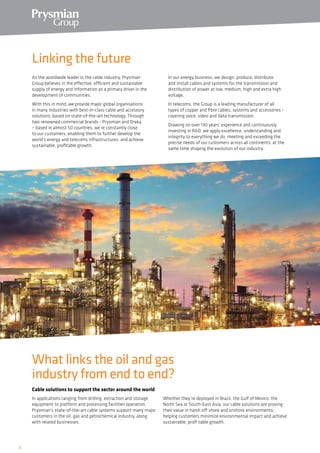 2
As the worldwide leader in the cable industry, Prysmian
Group believes in the effective, efficient and sustainable
supply of energy and information as a primary driver in the
development of communities.
With this in mind, we provide major global organisations
in many industries with best-in-class cable and accessory
solutions, based on state-of-the-art technology. Through
two renowned commercial brands - Prysmian and Draka
– based in almost 50 countries, we’re constantly close
to our customers, enabling them to further develop the
world’s energy and telecoms infrastructures, and achieve
sustainable, profitable growth.
In our energy business, we design, produce, distribute
and install cables and systems for the transmission and
distribution of power at low, medium, high and extra high
voltage.
In telecoms, the Group is a leading manufacturer of all
types of copper and fibre cables, systems and accessories -
covering voice, video and data transmission.
Drawing on over 130 years’ experience and continuously
investing in R&D, we apply excellence, understanding and
integrity to everything we do, meeting and exceeding the
precise needs of our customers across all continents, at the
same time shaping the evolution of our industry.
In applications ranging from drilling, extraction and storage
equipment to platform and processing facilities operation,
Prysmian’s state-of-the-art cable systems support many major
customers in the oil, gas and petrochemical industry, along
with related businesses.
Whether they’re deployed in Brazil, the Gulf of Mexico, the
North Sea or South-East Asia, our cable solutions are proving
their value in harsh off shore and onshore environments;
helping customers minimize environmental impact and achieve
sustainable, profi table growth.
What links the oil and gas
industry from end to end?
Cable solutions to support the sector around the world
Linking the future
 