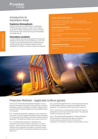 32
Introduction to
Hazardous Areas
Explosive Atmospheres
Explosive Atmospheres are defined as a combination
of flammable gases, vapours or solids ( dusts  fibres )
mixed with Air. When combined with a source of ignition
the combination will combust burning all of the available
flammable mixture.
Hazardous Locations
In order to protect personal and equipment from potential
explosions the principle of area classification is used - this
involves risk assessing the plant area and defining areas
according to the type of flammable material and the
probability of its release to create an explosive atmosphere.
Area classification
Under the IECEx / Atex systems a plant will be divided into
non-hazardous and hazardous areas. The hazardous areas are then
sub-divided into Zones.
Combustible Gases  Vapours :
Zone 0 : Explosive Atmosphere permanently present , or present
for very long periods.
Zone 1 : Explosive Atmospheres may be present as a result of
normal operation
Zone 2 : Explosive Atmospheres not present as a result of normal
operations and if they do occur they are only present for a very
short duration.
Combustible Dusts  Fibres:
Zones 20 , 21 and 22 are the dust  fibre equivalents of
Zones 0,1  2.
Ex Ia  Ex Ib -Intrinsically safe equipment designed in such a
way that the energy of any spark is lower than that can ignite a
flammable mixture. Ia is designed to a higher integrity and can
be used in Zone 0 locations whereas Ib is only suitable for Zone
1  2 locations.
Ex d – Flameproof equipment is designed in such a way that it
can contain / control an ignited flammable mixture and prevent
it from igniting any flammable mixture that may be outside the
equipment. This protection method can be used in Zones 1  2.
Ex e – Increased safety equipment is designed using
components that cannot create arcs and sparks i.e. result in
ignition – these enclosures can be made from thinner section
materials but are required to be sealed to a minimum ingress
protection level of IP54. This protection method can be used in
Zones 1  2.
Ex p – pressurized equipment that is constantly pressurized such
that flammable mixtures are continuously expelled from the
equipment. This protection method can be used in zones 1 2.
Ex nA - Similar to Exe in that equipment should not create arcs
and sparks but not to the same stringent levels. This protection
method can only be used in Zone 2.
Ex nR - Restricted breathing equipment is fitted with tightly
fitting seals which help prevent the ingress of explosive
mixtures and thus prevents them from reaching hot
components. This protection method can only be used in Zone 2.
Protection Methods - (applicable to Bicon glands)
HAZARDOUSGLANDS
 