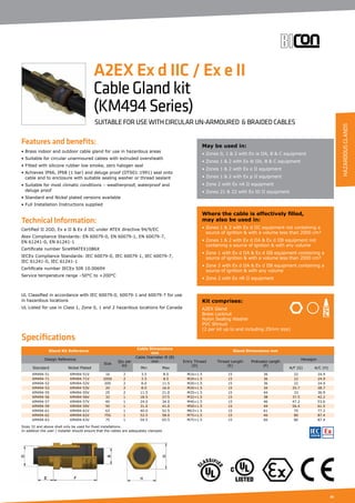 41
Specifications
Features and benefits:
• Brass indoor and outdoor cable gland for use in hazardous areas
• Suitable for circular unarmoured cables with extruded oversheath
• Fitted with silicone rubber low smoke, zero halogen seal
• Achieves IP66, IP68 (1 bar) and deluge proof (DTS01:1991) seal onto
cable and to enclosure with suitable sealing washer or thread sealant
• Suitable for most climatic conditions – weatherproof, waterproof and
deluge proof
• Standard and Nickel plated versions available
• Full Installation Instructions supplied
Technical Information:
Certified ΙΙ 2GD, Ex e ΙΙ  Ex d ΙΙC under ATEX directive 94/9/EC
Atex Compliance Standards: EN 60079-0, EN 60079-1, EN 60079-7,
EN 61241-0, EN 61241-1
Certificate number Sira99ATEX1086X
IECEx Compliance Standards: IEC 60079-0, IEC 60079-1, IEC 60079-7,
IEC 61241-0, IEC 61241-1
Certificate number IECEx SIR 10.0069X
Service temperature range –50°C to +200°C
UL Classified in accordance with IEC 60079-0, 60079-1 and 60079-7 for use
in hazardous locations
UL Listed for use in Class 1, Zone 0, 1 and 2 hazardous locations for Canada
Gland Kit Reference
Cable Dimensions
mm
Gland Dimensions mm
Design Reference
Size
Qty per
Kit
Cable Diameter Ø (B)
mm Entry Thread
(D)
Thread Length
(E)
Protrusion Length
(F)
Hexagon
Standard Nickel Plated Min Max A/F (G) A/C (H)
KM494-51 KM494-51V 16 2 3.5 8.5 M16×1.5 15 36 22 24.9
KM494-71 KM494-71V 20SS 2 3.5 8.5 M20×1.5 15 36 22 24.9
KM494-52 KM494-52V 20S 2 8.0 11.5 M20×1.5 15 36 22 24.9
KM494-53 KM494-53V 20 2 8.0 16.0 M20×1.5 15 34 25.7 28.7
KM494-55 KM494-55V 25 2 11.5 21.0 M25×1.5 15 44 33 36.9
KM494-56 KM494-56V 32 1 18.5 27.5 M32×1.5 15 38 37.5 42.2
KM494-57 KM494-57V 40 1 24.0 34.0 M40×1.5 15 46 47.2 53.6
KM494-59 KM494-59V 50 1 31.0 41.0 M50×1.5 15 44 56.4 61.5
KM494-61 KM494-61V 63 1 40.0 52.5 M63×1.5 15 61 70 77.2
KM494-62 KM494-62V 75S 1 52.5 58.0 M75×1.5 15 46 80 87.4
KM494-63 KM494-63V 75 1 54.5 65.5 M75×1.5 15 66 80 87.4
May be used in:
• Zones 0, 1  2 with Ex ia ΙΙA, B  C equipment
• Zones 1  2 with Ex ib ΙΙA, B  C equipment
• Zones 1  2 with Ex e ΙΙ equipment
• Zones 1  2 with Ex p ΙΙ equipment
• Zone 2 with Ex nA ΙΙ equipment
• Zones 21  22 with Ex tD ΙΙ equipment
Where the cable is effectively filled,
may also be used in:
• Zones 1  2 with Ex d ΙΙC equipment not containing a
source of ignition  with a volume less than 2000 cm³
• Zones 1  2 with Ex d ΙΙA  Ex d ΙΙB equipment not
containing a source of ignition  with any volume
• Zone 1 with Ex d ΙΙA  Ex d ΙΙB equipment containing a
source of ignition  with a volume less than 2000 cm³
• Zone 2 with Ex d ΙΙA  Ex d ΙΙB equipment containing a
source of ignition  with any volume
• Zone 2 with Ex nR ΙΙ equipment
A2EX Ex d IIC / Ex e II
CableGlandkit
(KM494Series)
SUITABLE FOR USE WITH CIRCULAR UN-ARMOURED  BRAIDED CABLES
Sizes 32 and above shall only be used for fixed installations.
In addition the user / installer should ensure that the cables are adequately clamped.
Kit comprises:
A2EX Gland
Brass Locknut
Nylon Sealing Washer
PVC Shroud
(2 per kit up to and including 25mm size)
HAZARDOUSGLANDS
 