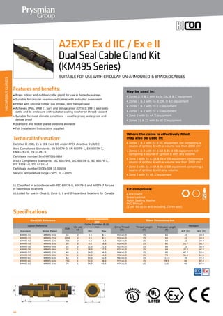 44
Specifications
Features and benefits:
• Brass indoor and outdoor cable gland for use in hazardous areas
• Suitable for circular unarmoured cables with extruded oversheath
• Fitted with silicone rubber low smoke, zero halogen seal
• Achieves IP66, IP68 (1 bar) and deluge proof (DTS01:1991) seal onto
cable and to enclosure with suitable sealing washer or thread sealant
• Suitable for most climatic conditions – weatherproof, waterproof and
deluge proof
• Standard and Nickel plated versions available
• Full Installation Instructions supplied
Technical Information:
Certified ΙΙ 2GD, Ex e ΙΙ  Ex d ΙΙC under ATEX directive 94/9/EC
Atex Compliance Standards: EN 60079-0, EN 60079-1, EN 60079-7,
EN 61241-0, EN 61241-1
Certificate number Sira99ATEX1086X
IECEx Compliance Standards: IEC 60079-0, IEC 60079-1, IEC 60079-7,
IEC 61241-0, IEC 61241-1
Certificate number IECEx SIR 10.0069X
Service temperature range –50°C to +200°C
UL Classified in accordance with IEC 60079-0, 60079-1 and 60079-7 for use
in hazardous locations
UL Listed for use in Class 1, Zone 0, 1 and 2 hazardous locations for Canada
Gland Kit Reference
Cable Dimensions
mm
Gland Dimensions mm
Design Reference
Size
Qty per
Kit
Cable Diameter Ø (B)
mm Entry Thread
(D)
Thread Length
(E)
Protrusion Length
(F)
Hexagon
Standard Nickel Plated Min Max A/F (G) A/C (H)
KM495-51 KM495-51V 16 2 3.5 8.5 M16×1.5 15 65 22 24.9
KM495-71 KM495-71V 20SS 2 3.5 8.5 M20×1.5 15 65 22 24.9
KM495-52 KM495-52V 20S 2 8.0 11.5 M20×1.5 15 62 22 24.9
KM495-53 KM495-53V 20 2 8.0 16.0 M20×1.5 15 81 25.7 28.7
KM495-55 KM495-55V 25 2 11.5 21.0 M25×1.5 15 85 33 36.9
KM495-56 KM495-56V 32 1 18.5 27.5 M32×1.5 15 69 37.5 42.2
KM495-57 KM495-57V 40 1 24.0 34.0 M40×1.5 15 82 47.2 53.6
KM495-59 KM495-59V 50 1 31.0 41.0 M50×1.5 15 79 56.4 61.5
KM495-61 KM495-61V 63 1 40.0 52.5 M63×1.5 15 113.5 70 77.2
KM495-62 KM495-62V 75S 1 52.5 58.0 M75×1.5 15 78.5 80 87.4
KM495-63 KM495-63V 75 1 54.5 65.5 M75×1.5 15 120 80 87.4
May be used in:
• Zones 0, 1  2 with Ex ia ΙΙA, B  C equipment
• Zones 1  2 with Ex ib ΙΙA, B  C equipment
• Zones 1  2 with Ex e ΙΙ equipment
• Zones 1  2 with Ex p ΙΙ equipment
• Zone 2 with Ex nA ΙΙ equipment
• Zones 21  22 with Ex tD ΙΙ equipment
Where the cable is effectively filled,
may also be used in:
• Zones 1  2 with Ex d ΙΙC equipment not containing a
source of ignition  with a volume less than 2000 cm³
• Zones 1  2 with Ex d ΙΙA  Ex d ΙΙB equipment not
containing a source of ignition  with any volume
• Zone 1 with Ex d ΙΙA  Ex d ΙΙB equipment containing a
source of ignition  with a volume less than 2000 cm³
• Zone 2 with Ex d ΙΙA  Ex d ΙΙB equipment containing a
source of ignition  with any volume
• Zone 2 with Ex nR ΙΙ equipment
A2EXP Ex d IIC / Ex e II
DualSealCableGlandKit
(KM495Series)
SUITABLE FOR USE WITH CIRCULAR UN-ARMOURED  BRAIDED CABLES
Kit comprises:
A2EX Gland
Brass Locknut
Nylon Sealing Washer
PVC Shroud
(2 per kit up to and including 25mm size)
HAZARDOUSGLANDS
 