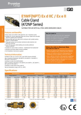 46
Specifications
Features and benefits:
• Brass indoor and outdoor cable gland for use in hazardous areas
• Suitable for circular, galvanised steel wire armour cables with extruded
	 polymeric bedding and oversheath
• Achieves IP66 seal onto cable and to enclosure with suitable sealing
	 washer or thread sealant
• Three part armour lock provides mechanical cable retention and
	 electrical continuity
• Inner PCP seal grips cable bedding and provides additional
	 ingress protection
• Suitable for most climatic conditions - weatherproof and waterproof
• Standard and Nickel plated versions available
• Full Installation Instructions supplied
Technical Information:
Certified ΙΙ 2GD, Ex e ΙΙ  Ex d ΙΙC under ATEX directive 94/9/EC
Atex Compliance Standards: EN 60079-0, EN 60079-1, EN 60079-7,
EN 61241-0, EN 61241-1
Certificate number Sira 02ATEX3092X
IECEx Compliance Standards: IEC 60079-0, IEC 60079-1, IEC 60079-7,
IEC 61241-0, IEC 61241-1
Certificate number IECEx SIR 10.0071X
Service temperature range -60°C to +90°C
Gland Reference Cable Dimensions mm Gland Dimensions mm
Design Reference
Size
Under Armour Ø (A) Overall Ø (B)
Armour
Wire Ø
Entry Thread
(D)
Thread
Length
(E)
Protrusion
Length
(F)
Hexagon
Standard Nickel Plated Min Max Min Max A/F (G) A/C (H)
472NP-03 472NP-03V ½”- 16 3.8 8.7 8.0 13.2 0.9 ½” NPT 15.5 41 23.4 26.7
472NP-04 472NP-04V ½”- 20S 8.0 8.7 8.0 15.8 0.9 / 1.25 ½” NPT 15.5 43 25.7 29.2
472NP-07 472NP-07V ¾” - 20S 8.0 11.8 8.0 15.8 0.9 / 1.25 ¾” NPT 16.4 43 27.9 31.8
472NP-05 472NP-05V ½”- 20 11.8 14.2 11.7 20.8 0.9 / 1.25 ½” NPT 15.5 43 30.5 34.0
472NP-08 472NP-08V ¾” - 20 11.8 20.1 11.7 20.8 0.9 / 1.25 ¾” NPT 16.4 43 30.5 34.0
472NP-10 472NP-10V ¾” - 25 14.0 26.6 17.0 27.2 1.25 / 1.6 ¾” NPT 16.4 48 37.6 42.2
472NP-14 472NP-14V 1” - 25 14.0 32.4 17.0 27.2 1.25 / 1.6 1” NPT 19.5 48 37.6 42.2
472NP-15 472NP-15V 1” - 32 19.7 38.4 23.5 33.5 1.6 / 2.0 1” NPT 19.5 53 47.2 53.6
472NP-20 472NP-20V 1¼” - 32 19.7 44.3 23.5 33.5 1.6 / 2.0 1¼” NPT 20.5 53 47.2 53.6
472NP-21 472NP-21V 1¼” - 40 26.6 50.3 29.0 39.9 1.6 / 2.0 1¼” NPT 20.5 56 56.4 61.5
472NP-27 472NP-27V 1½” - 40 26.6 56.2 29.0 39.9 1.6 / 2.0 1½” NPT 21 56 56.4 61.5
472NP-28 472NP-28V 1½”- 50S 32.4 62.2 38.0 46.2 2.0 / 2.5 1½” NPT 21 61 60.0 66.0
472NP-31 472NP-31V 2 - 50S 32.4 68.1 38.0 46.2 2.0 / 2.5 2” NPT 22 61 65.5 72.1
472NP-32 472NP-32V 2 - 50 38.4 74.0 39.5 52.6 2.0 / 2.5 2” NPT 22 61 70.1 77.2
472NP-33 472NP-33V 2 - 63S 44.3 68.1 50.0 58.9 2.5 2” NPT 22 64 75.0 83.0
472NP-38 472NP-38V 2½” - 63 50.3 74.0 51.3 65.3 2.5 2½” NPT 32.5 64 80.0 87.4
472NP-39 472NP-39V 2½” - 75S 56.2 68.1 62.0 71.6 2.5 2½” NPT 32.5 73 90.2 99.1
472NP-45 472NP-45V 3- 75 62.2 74.0 62.5 78.0 2.5 3” NPT 33.5 73 98.8 109.2
472NP-47 472NP-47V 3- 80 68.0 68.1 68.0 88.0 3.15 3” NPT 33.5 102 115.1 126.0
May be used in:
• Zones 0, 1  2 with Ex ia IIA, B  C equipment
• Zones 1  2 with Ex ib IIA, B  C equipment
• Zones 1  2 with Ex e II equipment
• Zones 2 with Ex nA II equipment
• Zone 21  22 with Ex tD A21
Where the cable is effectively filled,
may also be used in:
• Zones 1  2 with Ex d IIC equipment not containing a
source of ignition  with a volume less than 2000cm³
• Zones 1  2 with Ex d IIA  Ex d IIB equipment not
containing a source of ignition  with any volume
• Zone 1 with Ex d IIA  Ex d IIB equipment containing a
source of ignition  with a volume less than 2000cm³
• Zone 2 with Ex d IIA  Ex d IIB equipment containing a
source of ignition  with any volume
• Zone 2 with Ex nR II equipment
E1WF(NPT) Ex d IIC / Ex e II
CableGland
(472NPSeries)
SUITABLE FOR USE WITH ALL STEEL WIRE ARMOURED CABLES
*NPT Threaded glands are supplied as glands only. 	 **Other NPT sizes available upon request.		
HAZARDOUSGLANDS
 