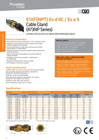 52
Specifications
Features and benefits:
• Brass indoor and outdoor cable gland for use in hazardous areas
• Suitable for circular, Braid wire armour cables with extruded
polymeric bedding and oversheath
• Achieves IP66 seal onto cable and to enclosure with suitable
sealing washer or thread sealant
• Three part armour lock provides mechanical cable retention and
electrical continuity
• Inner PCP seal grips cable bedding and provides additional
ingress protection
• Suitable for most climatic conditions - weatherproof
and waterproof
• Standard and Nickel plated versions available
• Full Installation Instructions supplied
Technical Information:
Certified ΙΙ 2GD, Ex e ΙΙ  Ex d ΙΙC under ATEX directive 94/9/EC
Atex Compliance Standards: EN 60079-0, EN 60079-1,
EN 60079-7, EN 61241-0, EN 61241-1
Certificate number Sira 02ATEX3092X
IECEx Compliance Standards: IEC 60079-0, IEC 60079-1,
IEC 60079-7, IEC 61241-0, IEC 61241-1
Certificate number IECEx SIR 10.0071X
Service temperature range -60°C to +90°C
May be used in:
• Zones 0, 1  2 with Ex ia IIA, B  C equipment
• Zones 1  2 with Ex ib IIA, B  C equipment
• Zones 1  2 with Ex e II equioment
• Zones 2 with Ex nA II equipment
• Zone 21  22 with Ex tD A21
Where the cable is effectively filled,
may also be used in:
• Zones 1  2 with Ex d IIC equipment not containing a
source of ignition  with a volume less than 2000cm³
• Zones 1  2 with Ex d IIA  Ex d IIB equipment not
containing a source of ignition  with any volume
• Zone 1 with Ex d IIA  Ex d IIB equipment containing a
source of ignition  with a volume less than 2000cm³
• Zone 2 with Ex d IIA  Ex d IIB equipment containing a
source of ignition  with any volume
• Zone 2 with Ex nR II equipment
E1XF(NPT) Ex d IIC / Ex e II
CableGland
(473NPSeries)
SUITABLE FOR USE WITH ALL BRAID WIRE ARMOURED CABLES
Gland Reference Cable Dimensions mm Gland Dimensions mm
Design Reference
Size
Under Armour Ø (A) Overall Ø (B) Braid
Armour
Wire Ø
Entry
Thread
(D)
Thread
Length
(E)
Protrusion
Length
(F)
Hexagon
Standard Nickel Plated Min Max Min Max A/F (G) A/C (H)
473NP-03 473NP-03V ½”- 16 3.8 8.7 8.0 13.2 0.2/0.3 ½” NPT 15.5 41 23.4 26.7
473NP-04 473NP-04V ½”- 20S 8.0 11.8 8.0 15.8 0.2/0.3 ½” NPT 15.5 43 25.7 29.2
473NP-07 473NP-07V ¾” - 20S 8.0 11.8 8.0 15.8 0.2/0.3 ¾” NPT 16.4 43 27.9 31.8
473NP-05 473NP-05V ½”- 20 11.8 14.2 11.7 20.8 0.2/0.3 ½” NPT 15.5 43 30.5 34.0
473NP-08 473NP-08V ¾” - 20 11.8 14.2 11.7 20.8 0.2/0.3 ¾” NPT 16.4 43 30.5 34.0
473NP-10 473NP-10V ¾” - 25 14.0 20.1 17.0 27.2 0.2/0.3 ¾” NPT 16.4 48 37.6 42.2
473NP-14 473NP-14V 1” - 25 14.0 20.1 17.0 27.2 0.2/0.3 1” NPT 19.5 48 37.6 42.2
473NP-15 473NP-15V 1” - 32 19.7 26.6 23.5 33.5 0.3/0.45 1” NPT 19.5 53 47.2 53.6
473NP-20 473NP-20V 1¼” - 32 19.7 26.6 23.5 33.5 0.3/0.45 1¼” NPT 20.5 53 47.2 53.6
473NP-21 473NP-21V 1¼” - 40 26.6 32.4 29.0 39.9 0.3/0.45 1¼” NPT 20.5 56 56.4 61.5
473NP-27 473NP-27V 1 ½”- 40 26.6 32.4 29.0 39.9 0.3/0.45 1½” NPT 21 56 56.4 61.5
473NP-28 473NP-28V 1 ½”- 50S 32.4 38.4 38.0 46.2 0.3/0.45 1½” NPT 21 61 60.0 66.0
473NP-32 473NP-32V 2 - 50 38.4 44.3 39.5 52.6 0.3/0.45 2” NPT 22 61 70.1 77.2
473NP-33 473NP-33V 2 - 63S 44.3 50.3 50.0 58.9 0.3/0.45 2” NPT 22 64 75.0 83.0
473NP-38 473NP-38V 2½” - 63 50.3 56.2 51.3 65.3 0.3/0.45 2½” NPT 32.5 64 80.0 87.4
473NP-44 473NP-44V 3- 75S 56.2 62.2 62.0 71.6 0.3/0.45 3” NPT 32.5 73 90.2 99.1
473NP-45 473NP-45V 3- 75 62.2 68.1 62.5 78.0 0.3/0.45 3” NPT 33.5 73 98.8 109.2
*NPT Threaded glands are supplied as glands only. 	 **Other NPT sizes available upon request.		
HAZARDOUSGLANDS
 