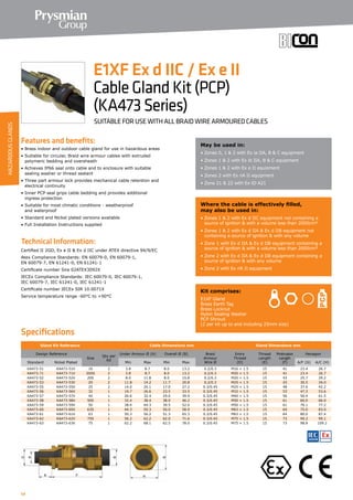 54
Specifications
Features and benefits:
• Brass indoor and outdoor cable gland for use in hazardous areas
• Suitable for circular, Braid wire armour cables with extruded
polymeric bedding and oversheath
• Achieves IP66 seal onto cable and to enclosure with suitable
sealing washer or thread sealant
• Three part armour lock provides mechanical cable retention and
electrical continuity
• Inner PCP seal grips cable bedding and provides additional
ingress protection
• Suitable for most climatic conditions - weatherproof
and waterproof
• Standard and Nickel plated versions available
• Full Installation Instructions supplied
Technical Information:
Certified ΙΙ 2GD, Ex e ΙΙ  Ex d ΙΙC under ATEX directive 94/9/EC
Atex Compliance Standards: EN 60079-0, EN 60079-1,
EN 60079-7, EN 61241-0, EN 61241-1
Certificate number Sira 02ATEX3092X
IECEx Compliance Standards: IEC 60079-0, IEC 60079-1,
IEC 60079-7, IEC 61241-0, IEC 61241-1
Certificate number IECEx SIR 10.0071X
Service temperature range -60°C to +90°C
May be used in:
• Zones 0, 1  2 with Ex ia IIA, B  C equipment
• Zones 1  2 with Ex ib IIA, B  C equipment
• Zones 1  2 with Ex e II equioment
• Zones 2 with Ex nA II equipment
• Zone 21  22 with Ex tD A21
Where the cable is effectively filled,
may also be used in:
• Zones 1  2 with Ex d IIC equipment not containing a
source of ignition  with a volume less than 2000cm³
• Zones 1  2 with Ex d IIA  Ex d IIB equipment not
containing a source of ignition  with any volume
• Zone 1 with Ex d IIA  Ex d IIB equipment containing a
source of ignition  with a volume less than 2000cm³
• Zone 2 with Ex d IIA  Ex d IIB equipment containing a
source of ignition  with any volume
• Zone 2 with Ex nR II equipment
Kit comprises:
E1XF Gland
Brass Earth Tag
Brass Locknut
Nylon Sealing Washer
PCP Shroud
(2 per kit up to and including 25mm size)
E1XF Ex d IIC / Ex e II
CableGlandKit(PCP)
(KA473Series)
SUITABLE FOR USE WITH ALL BRAID WIRE ARMOURED CABLES
Gland Kit Reference Cable Dimensions mm Gland Dimensions mm
Design Reference
Size
Qty per
Kit
Under Armour Ø (A) Overall Ø (B) Braid
Armour
Wire Ø
Entry
Thread
(D)
Thread
Length
(E)
Protrusion
Length
(F)
Hexagon
Standard Nickel Plated Min Max Min Max A/F (G) A/C (H)
KA473-51 KA473-51V 16 2 3.8 8.7 8.0 13.2 0.2/0.3 M16 × 1.5 15 41 23.4 26.7
KA473-71 KA473-71V 20SS 2 3.8 8.7 8.0 13.2 0.2/0.3 M20 × 1.5 15 41 23.4 26.7
KA473-52 KA473-52V 20S 2 8.0 11.8 8.0 15.8 0.2/0.3 M20 × 1.5 15 43 25.7 29.2
KA473-53 KA473-53V 20 2 11.8 14.2 11.7 20.8 0.2/0.3 M20 × 1.5 15 43 30.5 34.0
KA473-55 KA473-55V 25 2 14.0 20.1 17.0 27.2 0.3/0.45 M25 × 1.5 15 48 37.6 42.2
KA473-56 KA473-56V 32 1 19.7 26.6 23.5 33.5 0.3/0.45 M32 × 1.5 15 53 47.2 53.6
KA473-57 KA473-57V 40 1 26.6 32.4 29.0 39.9 0.3/0.45 M40 × 1.5 15 56 56.4 61.5
KA473-58 KA473-58V 50S 1 32.4 38.4 38.0 46.2 0.3/0.45 M50 × 1.5 15 61 60.0 66.0
KA473-59 KA473-59V 50 1 38.4 44.3 39.5 52.6 0.3/0.45 M50 × 1.5 15 61 70.1 77.2
KA473-60 KA473-60V 63S 1 44.3 50.3 50.0 58.9 0.3/0.45 M63 × 1.5 15 64 75.0 83.0
KA473-61 KA473-61V 63 1 50.3 56.2 51.3 65.3 0.3/0.45 M63 × 1.5 15 64 80.0 87.4
KA473-62 KA473-62V 75S 1 56.2 62.2 62.0 71.6 0.3/0.45 M75 × 1.5 15 73 90.2 99.1
KA473-63 KA473-63V 75 1 62.2 68.1 62.5 78.0 0.3/0.45 M75 × 1.5 15 73 98.8 109.2
HAZARDOUSGLANDS
 