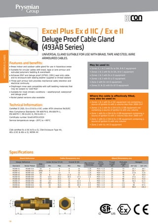 58
Specifications
Features and benefits:
• Brass indoor and outdoor cable gland for use in hazardous areas
• Suitable for circular cables with braid, tape or wire armour and
extruded polymeric bedding  oversheath
• Achieves IP67 and deluge proof (DTS01:1991) seal onto cable
and to enclosure with sealing washer supplied or thread sealant
• Three part armour lock provides mechanical cable retention and
electrical continuity
• Diaphragm inner seal compatible with soft bedding materials that
may be subject to ‘cold-flow’
• Suitable for most climatic conditions – weatherproof, waterproof
and deluge proof
• Nickel plated versions also available
Technical Information:
Certified ΙΙ 2GD, Ex e ΙΙ  Ex d ΙΙC under ATEX directive 94/9/EC
Atex Compliance Standards: EN 60079-0, EN 60079-1,
EN 60079-7, EN 61241-0, EN 61241-1
Certificate number Sira01ATEX1032X
Service temperature range –20°C to +90°C
CSA certified Ex d ΙΙC  Ex e ΙΙ, CSA Enclosure Type 4X,
AEx d ΙΙC  AEx e ΙΙ, NEMA 4X
May be used in:
• Zones 0, 1  2 with Ex ia ΙΙA, B  C equipment
• Zones 1  2 with Ex ib ΙΙA, B  C equipment
• Zones 1  2 with Ex e ΙΙ equipment
• Zones 1  2 with Ex p ΙΙ equipment
• Zone 2 with Ex nA ΙΙ equipment
• Zones 21  22 with Ex tD ΙΙ equipment
Where the cable is effectively filled,
may also be used in:
• Zones 1  2 with Ex d ΙΙC equipment not containing a
source of ignition  with a volume less than 2000 cm³
• Zones 1  2 with Ex d ΙΙA  Ex d ΙΙB equipment not
containing a source of ignition  with any volume
• Zone 1 with Ex d ΙΙA  Ex d ΙΙB equipment containing a
source of ignition  with a volume less than 2000 cm³
• Zone 2 with Ex d ΙΙA  Ex d ΙΙB equipment containing a
source of ignition  with any volume
• Zone 2 with Ex nR ΙΙ equipment
Excel Plus Ex d IIC / Ex e II
DelugeProofCableGland
(493ABSeries)
UNIVERSAL GLAND SUITABLE FOR USE WITH BRAID, TAPE AND STEEL WIRE
ARMOURED CABLES.
Gland Reference Cable Dimensions mm Gland Dimensions mm
Design Reference
Size
Under Armour Ø (A) Overall Ø (B)
Max Armour
Thickness
Entry
Thread
(D)
Thread
Length
(E)
Protrusion
Length
(F)
Hexagon
Standard Nickel Plated Min Max Min Max A/F (G) A/C (H)
493AB-51 493AB-51V 16 4 9 8 16 1.25 M16 × 1.5 15 73 25.7 28.7
493AB-71 493AB-71V 20SS 4 9 8 16 1.25 M20 × 1.5 15 73 25.7 28.7
493AB-52 493AB-52V 20S 7 12 9 16 1.25 M20 × 1.5 15 68 27.8 31.8
493AB-53 493AB-53V 20 8 14.4 11.5 21 1.25 M20 × 1.5 15 76 33 36.9
493AB-55 493AB-55V 25 10.5 20.2 18.5 27.5 1.6 M25 × 1.5 15 76 37.6 42.2
493AB-56 493AB-56V 32 15.5 26.5 21 34 2 M32 × 1.5 15 86 47.2 53.6
493AB-57 493AB-57V 40 23 32.5 31 41.5 2 M40 × 1.5 15 90 56.4 61.5
493AB-59 493AB-59V 50 28.5 44.5 36 52.5 2.5 M50 × 1.5 15 111 70 77.2
493AB-61 493AB-61V 63 44 56.5 50 65.5 2.5 M63 × 1.5 15 112 80 87.4
493AB-63 493AB-63V 75 53 68.5 59 78 2.5 M75 × 1.5 15 130 98.8 109.2
HAZARDOUSGLANDS
 