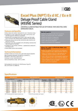 59
Specifications
Features and benefits:
• Brass indoor and outdoor cable gland for use in hazardous areas
• Suitable for circular cables with braid, tape or wire armour and
extruded polymeric bedding  oversheath
• Achieves IP67 and deluge proof (DTS01:1991) seal onto cable
and to enclosure with sealing washer supplied or thread sealant
• Three part armour lock provides mechanical cable retention and
electrical continuity
• Diaphragm inner seal compatible with soft bedding materials that
may be subject to ‘cold-flow’
• Suitable for most climatic conditions – weatherproof, waterproof
and deluge proof
• Nickel plated versions also available
Technical Information:
Certified ΙΙ 2GD, Ex e ΙΙ  Ex d ΙΙC under ATEX directive 94/9/EC
Atex Compliance Standards: EN 60079-0, EN 60079-1,
EN 60079-7, EN 61241-0, EN 61241-1
Certificate number Sira01ATEX1032X
Service temperature range –20°C to +90°C
CSA certified Ex d ΙΙC  Ex e ΙΙ, CSA Enclosure Type 4X,
AEx d ΙΙC  AEx e ΙΙ, NEMA 4X
May be used in:
• Zones 0, 1  2 with Ex ia ΙΙA, B  C equipment
• Zones 1  2 with Ex ib ΙΙA, B  C equipment
• Zones 1  2 with Ex e ΙΙ equipment
• Zones 1  2 with Ex p ΙΙ equipment
• Zone 2 with Ex nA ΙΙ equipment
• Zones 21  22 with Ex tD ΙΙ equipment
Where the cable is effectively filled, may
also be used in:
• Zones 1  2 with Ex d ΙΙC equipment not containing a
source of ignition  with a volume less than 2000 cm³
• Zones 1  2 with Ex d ΙΙA  Ex d ΙΙB equipment not
containing a source of ignition  with any volume
• Zone 1 with Ex d ΙΙA  Ex d ΙΙB equipment containing a
source of ignition  with a volume less than 2000 cm³
• Zone 2 with Ex d ΙΙA  Ex d ΙΙB equipment containing a
source of ignition  with any volume
• Zone 2 with Ex nR ΙΙ equipment
Excel Plus (NPT) Ex d IIC / Ex e II
DelugeProofCableGland
(493NESeries)
UNIVERSAL GLAND SUITABLE FOR USE WITH BRAID, TAPE AND STEEL WIRE
ARMOURED CABLES.
Gland Reference Cable Dimensions mm Gland Dimensions mm
Design Reference
Size
Under Armour Ø (A) Overall Ø (B)
Max Armour
Thickness
Entry
Thread
(D)
Thread
Length
(E)
Protrusion
Length
(F)
Hexagon
Standard Nickel Plated Min Max Min Max A/F (G) A/C (H)
493NE-03 493NE-03V ½” - 16 4 9 8 16 1.25 ½”NPT 15.5 73 25.7 28.7
493NE-06 493NE-06V ¾” - 20SS 4 9 8 16 1.25 ¾” NPT 16.4 73 27.9 32.1
493NE-04 493NE-04V ½” - 20S 7 12 9 16 1.25 ½” NPT 15.5 68 27.8 31.8
493NE-07 493NE-07V ¾” - 20S 7 12 9 16 1.25 ¾” NPT 16.4 68 27.8 31.8
493NE-08 493NE-08V ¾” - 20 8 14.4 11.5 21 1.25 ¾” NPT 16.4 76 33 36.9
493NE-14 493NE-14V 1” - 25 10.5 20.2 18.5 27.5 1.6 1” NPT 19.5 76 37.6 42.2
493NE-20 493NE-20V 1¼” - 32 15.5 26.5 21 34 2 1¼” NPT 20.5 86 47.2 53.6
493NE-27 493NE-27V 1½” - 40 23 32.5 31 41.5 2 1½” NPT 21 90 56.4 63.1
493NE-32 493NE-32V 2” - 50 28.5 44.5 36 52.5 2.5 2” NPT 22 111 70 77.2
493NE-38 493NE-38V 2½” - 63 44 56.5 50 65.5 2.5 2½” NPT 32.5 112 80 87.4
493NE-45 493NE-45V 3” - 75 53 68.5 59 78 2.5 3” NPT 33.5 130 98.8 109.2
*NPT Threaded glands are supplied as glands only. 	 **Other NPT sizes available upon request.		
HAZARDOUSGLANDS
 