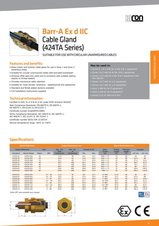 61
Specifications
Features and benefits:
• Brass indoor and outdoor cable gland for use in Zone 1 and Zone 2
hazardous areas
• Suitable for circular unarmoured cables with extruded oversheath
• Achieves IP66 seal onto cable and to enclosure with suitable sealing
washer or thread sealant
• Provides mechanical cable retention
• Suitable for most climatic conditions - weatherproof and waterproof
• Standard and Nickel plated versions available
• Full Installation Instructions supplied
Technical Information:
Certified ΙΙ 2GD, Ex e ΙΙ  Ex d ΙΙC under ATEX directive 94/9/EC
Atex Compliance Standards: EN 60079-0, EN 60079-1,
EN 60079-7, EN 61241-0, EN 61241-1
Certificate number Sira04ATEX1080X
IECEx Compliance Standards: IEC 60079-0, IEC 60079-1,
IEC 60079-7, IEC 61241-0, IEC 61241-1
Certificate number IECEx SIR 10.0072X
Service temperature range –60°C to +90°C
May be used in:
• Zones 0, 1  2 with Ex ia IIA, B  C equipment
• Zones 1  2 with Ex ib IIA, B  C equipment
• Zones 1  2 with Ex d IIA, B  C equipment with
any volume
• Zones 1  2 with Ex e II equipment
• Zones 1  2 with Ex p II equipment
• Zone 2 with Ex nA II equipment
• Zone 2 with Ex nR II equipment
• Zones 21  22 with Ext d A21
Barr-A Ex d IIC
CableGland
(424TASeries)
SUITABLE FOR USE WITH CIRCULAR UNARMOURED CABLES
Gland Reference Cable Dimensions mm Gland Dimensions mm
Design Reference Size Max. Dia.
Over
Conductors
Max. No.
of
Conductors
Overall Ø (B) Entry
Thread
(D)
Thread
Length
(E)
Protrusion
Length
(F)
Hexagon
Standard Nickel Plated Metric NPT Min Max A/F (G) A/C (H)
424TA-53 424TA-53V 20 11.0 30 8.9 15.7 M20 × 1.5 15 56 36 40
424TA-55 424TA-55V 25 16.0 42 13.0 19.3 M25 × 1.5 15 59 42.4 48
424TA-56 424TA-56V 32 22.1 60 17.0 25.4 M32 × 1.5 15 59 47.2 53.6
424TA-57 424TA-57V 40 28.2 100 24.1 30.0 M40 × 1.5 15 63 56.4 61.5
424TA-59 424TA-59V 50 37.1 200 29.0 41.9 M50 × 1.5 15 66 70.1 77.2
424TA-61 424TA-61V 63 48.4 400 40.9 52.8 M63 × 1.5 15 69 80 87.4
424TA-63 424TA-63V 75 58.6 400 49.8 59.9 M75 × 1.5 15 80 98.8 109.2
424TA-64 424TA-64V 85 65.8 400 58.9 73.9 M85 × 2 20 83 106.2 116.8
424TA-03 424TA-03V ½” - 20 11.0 30 8.9 15.7 ½” NPT 21.9 56 36 40
424TA-05 424TA-05V ¾” - 25 16.0 42 13.0 19.3 ¾” NPT 22.2 59 42.4 48
424TA-06 424TA-06V 1” - 32 22.1 60 17.0 25.4 1” NPT 27.5 59 47.2 53.6
424TA-07 424TA-07V 1¼” - 40 28.2 100 24.1 30.0 1¼” NPT 28.1 63 56.4 61.5
424TA-09 424TA-09V 2” - 50 37.1 200 29.0 41.9 2” NPT 29.4 66 70.1 77.2
424TA-11 424TA-11V 2½” - 63 48.4 400 40.9 52.8 2½” NPT 43.4 69 80 87.4
424TA-13 424TA-13V 3” - 75 58.6 400 49.8 59.9 3” NPT 45.0 80 98.8 109.2
424TA-14 424TA-14V 3” - 85 65.8 400 58.9 73.9 3” NPT 45.0 83 106.2 116.8
*Other NPT sizes available upon request.		
HAZARDOUSGLANDS
 