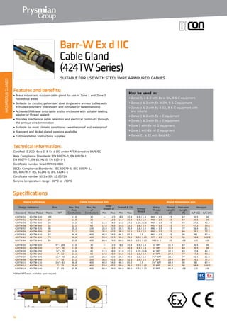 62
Specifications
Features and benefits:
• Brass indoor and outdoor cable gland for use in Zone 1 and Zone 2
hazardous areas
• Suitable for circular, galvanised steel single wire armour cables with
extruded polymeric oversheath and extruded or taped bedding
• Achieves IP66 seal onto cable and to enclosure with suitable sealing
washer or thread sealant
• Provides mechanical cable retention and electrical continuity through
the armour wire termination
• Suitable for most climatic conditions - weatherproof and waterproof
• Standard and Nickel plated versions available
• Full Installation Instructions supplied
Technical Information:
Certified ΙΙ 2GD, Ex e ΙΙ  Ex d ΙΙC under ATEX directive 94/9/EC
Atex Compliance Standards: EN 60079-0, EN 60079-1,
EN 60079-7, EN 61241-0, EN 61241-1
Certificate number Sira04ATEX1080X
IECEx Compliance Standards: IEC 60079-0, IEC 60079-1,
IEC 60079-7, IEC 61241-0, IEC 61241-1
Certificate number IECEx SIR 10.0072X
Service temperature range –60°C to +90°C
May be used in:
• Zones 0, 1  2 with Ex ia IIA, B  C equipment
• Zones 1  2 with Ex ib IIA, B  C equipment
• Zones 1  2 with Ex d IIA, B  C equipment with
any volume
• Zones 1  2 with Ex e II equipment
• Zones 1  2 with Ex p II equipment
• Zone 2 with Ex nA II equipment
• Zone 2 with Ex nR II equipment
• Zones 21  22 with Extd A21
Barr-W Ex d IIC
CableGland
(424TWSeries)
SUITABLE FOR USE WITH STEEL WIRE ARMOURED CABLES
Gland Reference Cable Dimensions mm Gland Dimensions mm
Design Reference Size Max. Dia.
Over
Conductors
Max. No.
of
Conductors
Inner
Sheath Ø
Overall Ø (B)
Armour
Wire Ø
Entry
Thread
(D)
Thread
Length
(E)
Protrusion
Length
(F)
Hexagon
Standard Nickel Plated Metric NPT Min Max Min Max A/F (G) A/C (H)
424TW-52 424TW-52V 20S 11.0 30 — 11.5 8.0 15.8 0.9 / 1.4 M20 × 1.5 15 67 30.5 34
424TW-53 424TW-53V 20 11.0 30 — 12.5 11.7 20.8 0.9 / 1.4 M20 × 1.5 15 64 30.5 34
424TW-55 424TW-55V 25 16.0 42 11.5 18.0 17.0 27.2 1.25 / 1.6 M25 × 1.5 15 65 37.6 42.2
424TW-56 424TW-56V 32 22.1 60 17.0 25.0 19.0 33.5 1.6 / 2.0 M32 × 1.5 15 77 47.3 53.6
424TW-57 424TW-57V 40 28.2 100 24.0 31.5 26.5 39.9 1.6 / 2.0 M40 × 1.5 15 77 56.4 61.5
424TW-59 424TW-59V 50 37.1 200 30.0 41.5 36.0 52.6 2.0 / 2.5 M50 × 1.5 15 84 70.1 77.2
424TW-61 424TW-61V 63 48.4 400 40.0 54.0 46.5 65.3 2.5 M63 × 1.5 15 90 80 87.4
424TW-63 424TW-63V 75 58.6 400 53.0 65.5 58.0 78.0 2.5 / 3.15 M75 × 1.5 15 96 98.8 109.2
424TW-64 424TW-64V 85 65.8 400 60.0 74.0 68.0 88.0 2.5 / 3.15 M85 × 2 20 108 115 126
424TW-02 424TW-02V ½” - 20S 11.0 30 — 11.5 8.0 15.8 0.9 / 1.4 ½” NPT 21.9 67 30.5 34
424TW-03 424TW-03V ½” - 20 11.0 30 — 12.5 11.7 20.8 0.9 / 1.4 ½” NPT 21.9 64 30.5 34
424TW-05 424TW-05V ¾” - 25 16.0 42 11.5 18.0 17.0 27.2 1.25 / 1.6 ¾” NPT 22.2 65 37.6 42.2
424TW-06 424TW-06V 1” - 32 22.1 60 17.0 25.0 19.0 33.5 1.6 / 2.0 1” NPT 27.5 77 47.3 53.6
424TW-07 424TW-07V 1¼” - 40 28.2 100 24.0 31.5 26.5 39.9 1.6 / 2.0 1¼” NPT 28.1 77 56.4 61.5
424TW-09 424TW-09V 2” - 50 37.1 200 30.0 41.5 36.0 52.6 2.0 / 2.5 2” NPT 29.4 84 70.1 77.2
424TW-11 424TW-11V 2½” - 63 48.4 400 40.0 54.0 46.5 65.3 2.5 2½” NPT 43.4 90 80 87.4
424TW-13 424TW-13V 3” - 75 58.6 400 53.0 65.5 58.0 78.0 2.5 / 3.15 3” NPT 45.0 96 98.8 109.2
424TW-14 424TW-14V 3” - 85 65.8 400 60.0 74.0 68.0 88.0 2.5 / 3.15 3” NPT 45.0 108 115 126
*Other NPT sizes available upon request.		
HAZARDOUSGLANDS
 