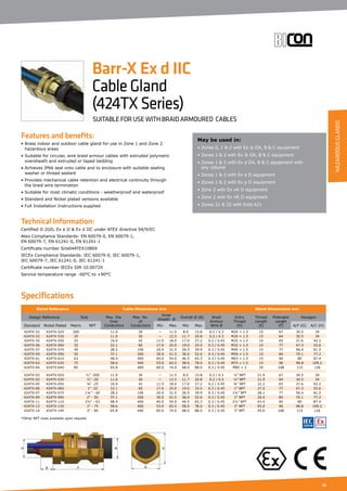 63
Specifications
Features and benefits:
• Brass indoor and outdoor cable gland for use in Zone 1 and Zone 2
hazardous areas
• Suitable for circular, wire braid armour cables with extruded polymeric
oversheath and extruded or taped bedding
• Achieves IP66 seal onto cable and to enclosure with suitable sealing
washer or thread sealant
• Provides mechanical cable retention and electrical continuity through
the braid wire termination
• Suitable for most climatic conditions - weatherproof and waterproof
• Standard and Nickel plated versions available
• Full Installation Instructions supplied
Technical Information:
Certified ΙΙ 2GD, Ex e ΙΙ  Ex d ΙΙC under ATEX directive 94/9/EC
Atex Compliance Standards: EN 60079-0, EN 60079-1,
EN 60079-7, EN 61241-0, EN 61241-1
Certificate number Sira04ATEX1080X
IECEx Compliance Standards: IEC 60079-0, IEC 60079-1,
IEC 60079-7, IEC 61241-0, IEC 61241-1
Certificate number IECEx SIR 10.0072X
Service temperature range –60°C to +90°C
May be used in:
• Zones 0, 1  2 with Ex ia IIA, B  C equipment
• Zones 1  2 with Ex ib IIA, B  C equipment
• Zones 1  2 with Ex d IIA, B  C equipment with
any volume
• Zones 1  2 with Ex e II equipment
• Zones 1  2 with Ex p II equipment
• Zone 2 with Ex nA II equipment
• Zone 2 with Ex nR II equipment
• Zones 21  22 with Extd A21
Barr-X Ex d IIC
CableGland
(424TXSeries)
SUITABLE FOR USE WITH BRAID ARMOURED CABLES
Gland Reference Cable Dimensions mm Gland Dimensions mm
Design Reference Size Max. Dia.
Over
Conductors
Max. No.
of
Conductors
Inner
Sheath Ø
Overall Ø (B) Braid
Armour
Wire Ø
Entry
Thread
(D)
Thread
Length
(E)
Protrusion
Length
(F)
Hexagon
Standard Nickel Plated Metric NPT Min Max Min Max A/F (G) A/C (H)
424TX-52 424TX-52V 20S 11.0 30 — 11.5 8.0 15.8 0.2 / 0.3 M20 × 1.5 15 67 30.5 34
424TX-53 424TX-53V 20 11.0 30 — 12.5 11.7 20.8 0.2 / 0.3 M20 × 1.5 15 64 30.5 34
424TX-55 424TX-55V 25 16.0 42 11.5 18.0 17.0 27.2 0.2 / 0.45 M25 × 1.5 15 65 37.6 42.2
424TX-56 424TX-56V 32 22.1 60 17.0 25.0 19.0 33.5 0.3 / 0.45 M32 × 1.5 15 77 47.3 53.6
424TX-57 424TX-57V 40 28.2 100 24.0 31.5 26.5 39.9 0.3 / 0.45 M40 × 1.5 15 77 56.4 61.5
424TX-59 424TX-59V 50 37.1 200 30.0 41.5 36.0 52.6 0.3 / 0.45 M50 × 1.5 15 84 70.1 77.2
424TX-61 424TX-61V 63 48.4 400 40.0 54.0 46.5 65.3 0.3 / 0.45 M63 × 1.5 15 90 80 87.4
424TX-63 424TX-63V 75 58.6 400 53.0 65.5 58.0 78.0 0.3 / 0.45 M75 × 1.5 15 96 98.8 109.2
424TX-64 424TX-64V 85 65.8 400 60.0 74.0 68.0 88.0 0.3 / 0.45 M85 × 2 20 108 115 126
424TX-02 424TX-02V ½” -20S 11.0 30 — 11.5 8.0 15.8 0.2 / 0.3 ½” NPT 21.9 67 30.5 34
424TX-03 424TX-03V ½” -20 11.0 30 — 12.5 11.7 20.8 0.2 / 0.3 ½” NPT 21.9 64 30.5 34
424TX-05 424TX-05V ¾” -25 16.0 42 11.5 18.0 17.0 27.2 0.2 / 0.45 ¾” NPT 22.2 65 37.6 42.2
424TX-06 424TX-06V 1” -32 22.1 60 17.0 25.0 19.0 33.5 0.3 / 0.45 1” NPT 27.5 77 47.3 53.6
424TX-07 424TX-07V 1¼” - 40 28.2 100 24.0 31.5 26.5 39.9 0.3 / 0.45 1¼” NPT 28.1 77 56.4 61.5
424TX-09 424TX-09V 2” - 50 37.1 200 30.0 41.5 36.0 52.6 0.3 / 0.45 2” NPT 29.4 84 70.1 77.2
424TX-11 424TX-11V 2½” - 63 48.4 400 40.0 54.0 46.5 65.3 0.3 / 0.45 2½” NPT 43.4 90 80 87.4
424TX-13 424TX-13V 3” - 75 58.6 400 53.0 65.5 58.0 78.0 0.3 / 0.45 3” NPT 45.0 96 98.8 109.2
424TX-14 424TX-14V 3” - 85 65.8 400 60.0 74.0 68.0 88.0 0.3 / 0.45 3” NPT 45.0 108 115 126
*Other NPT sizes available upon request.		
HAZARDOUSGLANDS
 