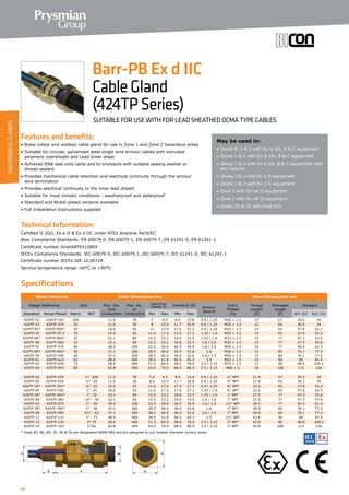 64
Specifications
Features and benefits:
• Brass indoor and outdoor cable gland for use in Zone 1 and Zone 2 hazardous areas
• Suitable for circular, galvanised steel single wire armour cables with extruded
polymeric oversheath and Lead Inner sheat
• Achieves IP66 seal onto cable and to enclosure with suitable sealing washer or
thread sealant
• Provides mechanical cable retention and electrical continuity through the armour
wire termination
• Provides electrical continuity to the inner lead sheath
• Suitable for most climatic conditions - weatherproof and waterproof
• Standard and Nickel plated versions available
• Full Installation Instructions supplied
Technical Information:
Certified ΙΙ 2GD, Ex e ΙΙ  Ex d ΙΙC under ATEX directive 94/9/EC
Atex Compliance Standards: EN 60079-0, EN 60079-1, EN 60079-7, EN 61241-0, EN 61241-1
Certificate number Sira04ATEX1080X
IECEx Compliance Standards: IEC 60079-0, IEC 60079-1, IEC 60079-7, IEC 61241-0, IEC 61241-1
Certificate number IECEx SIR 10.0072X
Service temperature range –60°C to +90°C
May be used in:
• Zones 0, 1  2 with Ex ia IIA, B  C equipment
• Zones 1  2 with Ex ib IIA, B  C equipment
• Zones 1  2 with Ex d IIA, B  C equipment with
any volume
• Zones 1  2 with Ex e II equipment
• Zones 1  2 with Ex p II equipment
• Zone 2 with Ex nA II equipment
• Zone 2 with Ex nR II equipment
• Zones 21  22 with Extd A21
Barr-PB Ex d IIC
CableGland
(424TPSeries)
SUITABLE FOR USE WITH FOR LEAD SHEATHED OCMA TYPE CABLES
Gland Reference Cable Dimensions mm Gland Dimensions mm
Design Reference Size Max. Dia.
Over
Conductors
Max. No.
of
Conductors
Lead Inner
Sheath Ø Overall Ø (B)
Armour
Wire Ø
Entry
Thread
(D)
Thread
Length
(E)
Protrusion
Length
(F)
Hexagon
Standard Nickel Plated Metric NPT Min Max Min Max A/F (G) A/C (H)
424TP-52 424TP-52V 20S 11.0 30 7 9.5 8.0 15.8 0.9 / 1.25 M20 × 1.5 15 67 30.5 34
424TP-53 424TP-53V 20 11.0 30 8 12.0 11.7 20.8 0.9 / 1.25 M20 × 1.5 15 64 30.5 34
424TP-85* 424TP-85V* 25 16.0 42 11 17.0 17.0 27.2 0.9 / 1.25 M25 × 1.5 15 65 37.6 42.2
424TP-55 424TP-55 V 25 16.0 42 11.0 17.0 17.0 27.2 1.25 / 1.6 M25 × 1.5 15 65 37.6 42.2
424TP-86* 424TP-86V* 32 22.1 60 15.5 23.2 19.0 33.5 1.25 / 1.6 M32 × 1.5 15 77 47.3 53.6
424TP-56 424TP-56V 32 22.1 60 15.5 23.2 19.0 33.5 1.6 / 2.0 M32 × 1.5 15 77 47.3 53.6
424TP-57 424TP-57V 40 28.2 100 22.5 29.0 26.5 39.9 1.6 / 2.0 M40 × 1.5 15 77 56.4 61.5
424TP-89* 424TP-89V* 50 37.1 200 28.5 40.0 36.0 52.6 1.6 M50 × 1.5 15 84 70.1 77.2
424TP-59 424TP-59V 50 37.1 200 28.5 40.0 36.0 52.6 2.0 / 2.5 M50 × 1.5 15 84 70.1 77.2
424TP-61 424TP-61V 63 48.4 400 39.0 51.8 46.5 65.3 2.5 M63 × 1.5 15 90 80 87.4
424TP-63 424TP-63V 75 58.6 400 51.5 64.0 58.0 78.0 2.5 / 3.15 M75 × 1.5 15 96 98.8 109.2
424TP-64 424TP-64V 85 65.8 400 63.0 70.0 68.0 88.0 2.5 / 3.15 M85 × 2 20 108 115 126
424TP-02 424TP-02V ½” -20S 11.0 30 7.0 9.5 8.0 15.8 0.9 / 1.25 ½” NPT 21.9 67 30.5 34
424TP-03 424TP-03V ½” -20 11.0 30 8.0 12.0 11.7 20.8 0.9 / 1.25 ½” NPT 21.9 64 30.5 34
424TP-35* 424TP-35V* ¾” -25 16.0 42 11.0 17.0 17.0 27.2 0.9 / 1.25 ¾” NPT 22.2 65 37.6 42.2
424TP-05 424TP-05V 1” -25 16.0 42 11.0 17.0 17.0 27.2 1.25 / 1.6 ¾” NPT 22.2 65 37.6 42.2
424TP-36* 424TP-36V* 1” -32 22.1 60 15.5 23.2 19.0 33.5 1.25 / 1.6 1” NPT 27.5 77 47.3 53.6
424TP-06 424TP-06V 1¼” - 40 22.1 60 15.5 23.2 19.0 33.5 1.6 / 2.0 1” NPT 27.5 77 47.3 53.6
424TP-07 424TP-07V 2” - 50 28.2 100 22.5 29.0 26.5 39.9 1.6 / 2.0 1¼” NPT 28.1 77 56.4 61.5
424TP-39* 424TP-39V* 2” - 50 37.1 200 28.5 40.0 36.0 52.6 1.6 2” NPT 29.4 84 70.1 77.2
424TP-09 424TP-09V 2½” - 63 37.1 200 28.5 40.0 36.0 52.6 2.0 / 2.5 2” NPT 29.4 84 70.1 77.2
424TP-11 424TP-11V 3” - 75 48.4 400 39.0 51.8 46.5 65.3 2.5 2½” NPT 43.4 90 80 87.4
424TP-13 424TP-13V 3-75 58.6 400 51.5 64.0 58.0 78.0 2.5 / 3.15 3” NPT 45.0 96 98.8 109.2
424TP-14 424TP-14V 3-81 65.8 400 63.0 70.0 68.0 88.0 2.5 / 3.15 3” NPT 45.0 108 115 126
* Sizes 85, 86, 89, 35, 36  39 are designated BARR-PBS and are designed to suit smaller diameter armour wires.		
HAZARDOUSGLANDS
 