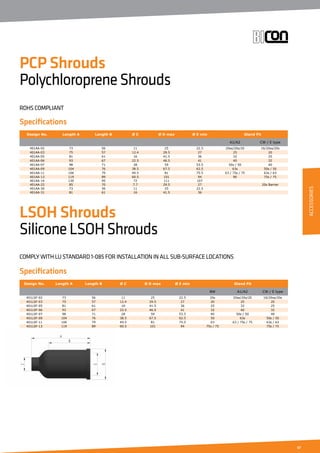 67
ACCESSORIES
Specifications
Specifications
PCP Shrouds
PolychloropreneShrouds
LSOH Shrouds
SiliconeLSOHShrouds
ROHS COMPLIANT
COMPLY WITH LU STANDARD 1-085 FOR INSTALLATION IN ALL SUB-SURFACE LOCATIONS
Design No. Length A Length B Ø C Ø D max Ø E min Gland Fit
BW A1/A2 CW / E type
401LSF-02 73 56 11 25 22.5 20s 20ss/20s/20 16/20ss/20s
401LSF-03 75 57 12.4 29.5 27 20 25 20
401LSF-05 81 61 16 41.5 36 25 32 25
401LSF-06 93 67 22.5 46.5 41 32 40 32
401LSF-07 98 71 28 59 53.5 40 50s / 50 40
401LSF-09 104 76 38.5 67.5 62.5 50 63s 50s / 50
401LSF-11 106 79 49.5 81 75.5 63 63 / 75s / 75 63s / 63
401LSF-13 119 89 60.5 101 94 75s / 75 75s / 75
Design No. Length A Length B Ø C Ø D max Ø E min Gland Fit
A1/A2 CW / E type
401AA-02 73 56 11 25 22.5 20ss/20s/20 16/20ss/20s
401AA-03 75 57 12.4 29.5 27 25 20
401AA-05 81 61 16 41.5 36 32 25
401AA-06 93 67 22.5 46.5 41 40 32
401AA-07 98 71 28 59 53.5 50s / 50 40
401AA-09 104 76 38.5 67.5 62.5 63s 50s / 50
401AA-11 106 79 49.5 81 75.5 63 / 75s / 75 63s / 63
401AA-13 119 89 60.5 101 94 90 75s / 75
401AA-14 130 95 72 111 107
401AA-22 85 70 7.7 29.5 27 20s Barrier
401AA-30 73 56 11 25 22.5
401AA-31 81 61 16 41.5 36
 