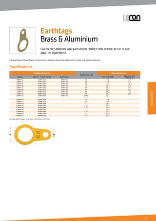 69
ACCESSORIES
Specifications
Earthtags
BrassAluminium
EARTH TAGS PROVIDE AN EARTH BOND CONNECTION BETWEEN THE GLAND
AND THE EQUIPMENT
• Brass,Nickel Plated Brass  Aluminium designs should be selected to match the gland materials.
Design Reference
Thread size (A)
Dimensions mm
Brass Brass + nickel plated Aluminium Bolt Hole Ø B Short Circuit
Rating kA
428ET-51 428ET-51V 458ET-51 16 6.7 1.8
428ET-53 428ET-53V 458ET-53 20 6.7 4.4
428ET-55 428ET-55V 458ET-55 25 6.7 4
428ET-56 428ET-56V 458ET-56 32 12.4 6.2
428ET-57 428ET-57V 458ET-57 40 13.2 9.8
428ET-59 428ET-59V 458ET-59 50 13.2 11.4
428ET-61 428ET-61V 458ET-61 63 13.2 12
428ET-63 428ET-63V 458ET-63 75 13.2 14.3
428ET-65 428ET-65V 458ET-65 85/90 13.2
428NP-02 428NP-02V ½” 6.5
428NP-03 428NP-03V ¾” 6.5
428NP-04 428NP-04V 1” 12.5
428NP-05 428NP-05V 1 ¼” 13.0
428NP-06 428NP-06V 1 ½” 13.0
428NP-07 428NP-07V 2” 13.0
428NP-08 428NP-08V 2 ½” 13.0
428NP-09 428NP-09V 3” 13.0
428NP-10 428NP-10V 4” 14.0
All Brass Earth Tags 1.5mm thick, Aluminium 2mm thick	
 