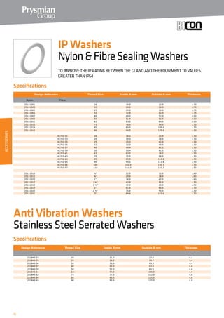 70
Specifications
Specifications
IP Washers
NylonFibreSealingWashers
Anti Vibration Washers
StainlessSteelSerratedWashers
TO IMPROVE THE IP RATING BETWEEN THE GLAND AND THE EQUIPMENT TO VALUES
GREATER THAN IP54
Design Reference Thread Size Inside Ø mm Outside Ø mm Thickness
Nylon Fibre
25111001 16 16.0 22.0 1.70
25111003 20 20.0 26.0 1.70
25111005 25 25.0 32.0 1.75
25111006 32 32.0 42.0 1.75
25111007 40 40.2 52.0 2.00
25111009 50 51.0 66.5 2.00
25111011 63 63.5 84.5 2.00
25111013 75 76.0 90.0 1.50
25111014 85 85.5 100.0 1.50
25111015 90 90.5 125.0 1.50
41702-51 16 16.2 22.0 1.50
41702-53 20 20.3 26.5 1.50
41702-55 25 25.3 42.0 1.50
41702-56 32 32.3 49.5 1.50
41702-57 40 40.4 61.2 1.50
41702-59 50 50.4 61.5 1.50
41702-61 63 63.5 76.7 1.50
41702-63 75 75.5 98.5 1.50
41702-64 85 85.5 113.8 1.50
41702-65 90 90.5 113.8 1.50
41702-66 100 102.0 132.3 1.50
41702-67 110 111.0 132.3 1.50
25111016 ½” 22.5 32.0 1.60
25111012 ¾” 29.0 38.0 1.60
25111025 1” 34.0 45.5 1.60
25111017 1¼” 43.0 55.0 1.50
25111018 1 ½” 49.0 65.0 1.50
25111019 2” 61.0 80.0 1.50
25111020 2 ½” 75.0 90.0 1.50
25111021 3” 89.6 115.0 1.50
Design Reference Thread Size Inside Ø mm Outside Ø mm Thickness
221840-53 20 21.0 33.0 4.2
221840-55 25 26.2 39.7 3.4
221840-56 32 32.3 49.5 4.4
221840-57 40 43.0 63.0 4.8
221840-59 50 52.0 80.0 4.8
221840-61 63 64.0 100.0 4.8
221840-63 75 77.0 112.0 4.8
221840-64 85 90.5 125.0 4.8
221840-65 90 90.5 125.0 4.8
ACCESSORIES
 
