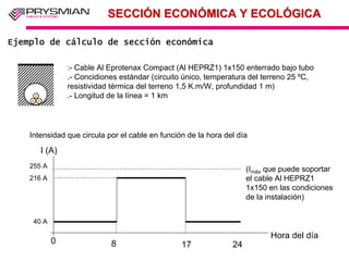 SECCIÓN ECONÓMICA Y ECOLÓGICA

Ejemplo de cálculo de sección económica

                :- Cable Al Eprotenax Compact (Al HEPRZ1) 1x150 enterrado bajo tubo
                .- Concidiones estándar (circuito único, temperatura del terreno 25 ºC,
                resistividad térmica del terreno 1,5 K.m/W, profundidad 1 m)
                .- Longitud de la línea = 1 km




    Intensidad que circula por el cable en función de la hora del día

       I (A)
    255 A                                                            (Imáx que puede soportar
    216 A                                                            el cable Al HEPRZ1
                                                                     1x150 en las condiciones
                                                                     de la instalación)


     40 A

                                                                           Hora del día
            0               8                    17             24
 