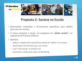 na escola


              Proposta 2: Saraiva na Escola
» Desenvolver conteúdos e ferramentas específicas para tablets
  para uso nas escolas.
» A nossa proposta e lançar um programa de “piloto escolar”, no
  segmento da Primeira Infância.
» Ojetivos:
  › Adquirir rapidamente experiências-piloto de “tablets” em escolas
  › Desenvolver ferramentas para uso escolar
  › Fazer “Kid testing” no âmbito real
  › Aproveitar o piloto para ações de Marketing

                                                                       10
 