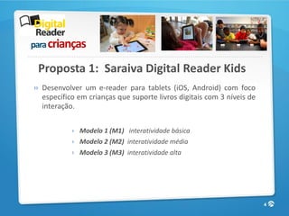 para crianças

 Proposta 1: Saraiva Digital Reader Kids
» Desenvolver um e-reader para tablets (iOS, Android) com foco
  específico em crianças que suporte livros digitais com 3 níveis de
  interação.


           › Modelo 1 (M1) interatividade básica
           › Modelo 2 (M2) interatividade média
           › Modelo 3 (M3) interatividade alta




                                                                       4
 