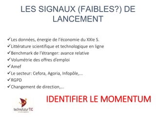 Les données, énergie de l’économie du XXIe S.
Littérature scientifique et technologique en ligne
Benchmark de l’étranger: avance relative
Volumétrie des offres d’emploi
Amef
Le secteur: Cefora, Agoria, Infopôle,...
RGPD
Changement de direction,...
IDENTIFIER LE MOMENTUM
LES SIGNAUX (FAIBLES?) DE
LANCEMENT
 