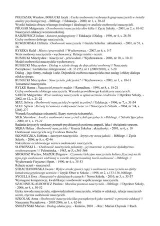POLESZAK Wiesław, BOGUCKI Jacek : Cechy osobowości wybranych grup nauczycieli w świetle 
analizy psychologicznej. - Bibliogr. // Edukacja. - 2000, nr 1, s. 30-43 
Wyniki badania obrazu własnego (realnego i idealnego) w analizie osobowości nauczycieli. 
PRUGAR Małgorzata : O osobowości nauczyciela słów kilka // Życie Szkoły. - 2001, nr 2, s. 81-82 
Nauczyciel edukacji wczesnoszkolnej. 
RADZIEWICZ Julian : Autotest pedagogiczny // Edukacja i Dialog. - 1996, nr 4, s. 28-30 
Cechy osobowe dobrego nauczyciela. 
REWIZORSKA Elżbieta : Osobowość nauczyciela // Gazeta Szkolna : aktualności. - 2001, nr 51, s. 
16 
RYSZKA Rafał : Mistrz i przewodnik // Wychowawca. - 2007, nr 6, s. 5-7 
Wzór osobowy nauczyciela - wychowawcy. Relacje mistrz - uczeń. 
RUSIECKI Mieczysław : Nauczyciel - przewodnik // Wychowawca. - 2006, nr 10, s. 10-11 
Model osobowości nauczyciela wychowawcy. 
RUSIECKI Mieczysław : Dialog w szkole drogą do dojrzałości osobowej // Nauczanie 
Początkowe : kształcenie zintegrowane. - R. 33 (55), nr 1 (2009/2010), s. 7-20 
Dialog - jego formy, rodzaje i cele. Dojrzałość osobowa nauczyciela oraz zasięg i efekty dialogu 
edukacyjnego. 
RUSIECKI Mieczysław : Nauczycielu, jaki jesteś? // Wychowawca. - 2003, nr 1, s. 10-11 
Tożsamość nauczyciela. 
RYLKE Hanna : Nauczyciel przeciw nudzie // Remedium. - 1994, nr 8, s. 18-21 
Cechy osobowości dobrego nauczyciela. Warunki prawidłowego kształcenia nauczycieli. 
SARUD Małgorzata : Wzór osobowy nauczyciela w opinii uczniów i rodziców // Dyrektor Szkoły. - 
2002, nr 12, s. 21-22 
SEUL Sylwia : Osobowość nauczyciela [w opinii uczniów] // Edukacja. - 1996, nr 7, s. 31-34 
SEUL Sylwia : Rozwój tożsamości a aktywność twórcza // Nauczyciel i Szkoła. - 2004, nr 3/4, s. 
[266]-277 
Warunki kształtujące tożsamość. Etapy rozwoju tożsamości. 
SIEK Stanisław : Analiza osobowości nauczycieli szkół specjalnych. - Bibliogr. // Szkoła Specjalna. 
- 2000, nr 1, s. 19-22 
Badania dotyczyły struktury potrzeb psychicznych poziomu empatii, lęku i obciążenie stresem. 
SIĘKA Halina : Osobowość nauczyciela // Gazeta Szkolna : aktualności. - 2001, nr 6, s. 18 
Osobowość nauczyciela w/g Czesława Banacha. 
SKONIECZKA Elżbieta : Autorytet nauczyciela - kryzys czy nowa jakość. - Bibliogr. // Życie 
Szkoły. - 2006, nr 8, s. 42-46 
Nakreślenie oczekiwanego wzorca osobowości nauczyciela. 
SŁOWIŃSKI L. : Osobowość nauczyciela polonisty - jej znaczenie w procesie dydaktyczno-wychowawczym 
/ // Polonistyka. - 1983, nr 5, s.361-366 
SROKOSZ Wacław, MAZUR Zbigniew : Czynności lekcyjne nauczyciela kultury fizycznej na tle 
typu jego osobowości widzianej w świetle interpersonalnej teorii osobowość. - Bibliogr. // 
Wychowanie Fizyczne i Sport. - 1990, nr 4, s. 35-53 
Relacje uczeń - nauczyciel. 
STRACHANOWSKA Iwona : Wpływ atrakcyjności zajęć i osobowości nauczyciela na efekty 
kształcenia językowego uczniów // Języki Obce w Szkole. - 1998, nr 2, s.133-136, bibliogr. 
SYGULLA Ewa : Nauczyciel w dzisiejszych czasach // Nowa Szkoła. - 2010, nr 3, s. 33-37 
Wymagane kompetencje, kwalifikacje i osobowość współczesnego nauczyciela. 
SZACHNIUK-ALBOWICZ Paulina : Moralna postawa nauczyciela. - Bibliogr. // Dyrektor Szkoły. 
- 2006, nr 4, s. 50-52 
Etyka zawodu nauczyciela, odpowiedzialność nauczyciela, władza w edukacji, relacje nauczyciel-uczeń, 
etyczna osobowość nauczycieli. 
SZKOLAK Anna : Osobowość nauczyciela klas początkowych jako wartość w procesie edukacji // 
Nauczanie Początkowe. - 2005/2006, nr 1, s. 62-66 
ŚNIEŻYŃSKI Marian : Dialog edukacyjny. - Kraków, 2001 . - Rec.: Marian Chymuk // Ruch 
 