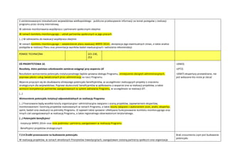 Z zainteresowanymi mieszkaocami województwa wielkopolskiego - publiczne przekazywanie informacji na temat postępów z realizacji
programu przez stronę internetową.
W zakresie monitorowania współpraca z partnerami społecznymi obejmie:
W ramach komitetu monitorującego – udział partnerów społecznych w jego pracach.
(…) W odniesieniu do ewaluacji współpraca obejmie:
W ramach komitetu monitorującego – zatwierdzenie planu ewaluacji WRPO 2014+, akceptacja jego ewentualnych zmian, a także analiza
postępów w realizacji Planu oraz prezentacja wyników badao ewaluacyjnych i wdrażania rekomendacji.
POMOC TECHNICZNA 221-230,
253
OŚ PRIORYTETOWA 10.
Rezultaty, które paostwo członkowskie zamierza osiągnąć przy wsparciu UE
Rezultatem wzmocnienia potencjału instytucjonalnego będzie sprawna obsługa Programu, zmniejszenie obciążeo administracyjnych,
poprawa jakości usług świadczonych przez administrację na rzecz Programu.
Wparcie przyczyni się do zbudowania silniejszego potencjału beneficjentów, w szczególności realizujących projekty o znaczeniu
strategicznym dla województwa. Poprawi skutecznośd beneficjentów w aplikowaniu o wsparcie oraz w realizacji projektów, a także
wzmocni kompetencje partnerów zaangażowanych w system wdrażania Programu, w szczególności w realizacji ZIT.
(…)
Wzmocnienie potencjału instytucji odpowiedzialnych za realizację Programu
(…) Finansowane będą wszelkie koszty organizacyjne i administracyjne związane z oceną projektów, zapewnieniem ekspertów,
monitorowaniem i kontrolą projektów realizowanych w ramach Programu, a także koszty związane z wykonaniem ocen, analiz, ekspertyz,
opinii, badao oraz ewaluacji na potrzeby Programu. IZ zapewni także sprawne i efektywne funkcjonowanie komitetu monitorującego oraz
innych ciał zaangażowanych w realizację Programu, a także regionalnego obserwatorium terytorialnego.
(…) Potencjalni beneficjenci
· instytucje WRPO 2014+ oraz inne podmioty i partnerzy zaangażowani w realizację Programu
· Beneficjenci projektów strategicznych
+(KM3)
+(PT2)
+(KM7) ekspertyzy przewidziane, nie
jest wskazane kto może je zlecad
7.2.4.Środki przeznaczone na budowanie potencjału
W realizację projektów, w ramach określonych Priorytetów Inwestycyjnych, zaangażowani zostaną partnerzy społeczni oraz organizacje
Brak zrozumienia czym jest budowanie
potencjału
 