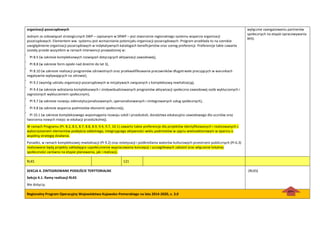 organizacji pozarządowych
Jednym ze zobowiązao strategicznych SWP – zapisanym w SRWP – jest stworzenie regionalnego systemu wsparcia organizacji
pozarządowych. Elementem ww. systemu jest wzmacnianie potencjału organizacji pozarządowych. Program przekłada to na szerokie
uwzględnienie organizacji pozarządowych w indykatywnych katalogach beneficjentów oraz szereg preferencji. Preferencje takie zawarte
zostały przede wszystkim w ramach interwencji prowadzonej w:
 PI 8.5 (w zakresie kompleksowych rozwiązao dotyczących aktywizacji zawodowej),
 PI 8.8 (w zakresie form opieki nad dziedmi do lat 3),
 PI 8.10 (w zakresie realizacji programów zdrowotnych oraz przekwalifikowania pracowników długotrwale pracujących w warunkach
negatywnie wpływających na zdrowie),
 PI 9.2 (wymóg udziału organizacji pozarządowych w inicjatywach związanych z kompleksową rewitalizacją),
 PI 9.4 (w zakresie wdrażania kompleksowych i zindywidualizowanych programów aktywizacji społeczno-zawodowej osób wykluczonych i
zagrożonych wykluczeniem społecznym),
 PI 9.7 (w zakresie rozwoju zdeinstytucjonalizowanych, spersonalizowanych i zintegrowanych usług społecznych),
 PI 9.8 (w zakresie wsparcia podmiotów ekonomii społecznej),
 PI 10.1 (w zakresie kompleksowego wspomagania rozwoju szkół i przedszkoli, doradztwa edukacyjno-zawodowego dla uczniów oraz
tworzenia nowych miejsc w edukacji przedszkolnej).
W ramach Programu (PI: 8.2, 8.5, 8.7, 8.8, 8.9, 9.4, 9.7, 10.1) zawarto także preferencje dla projektów identyfikowanych i realizowanych z
wykorzystaniem elementów podejścia oddolnego, integrującego aktywności wielu podmiotów w ujęciu wielosektorowym w oparciu o
wspólną strategię działania.
Ponadto, w ramach kompleksowej rewitalizacji (PI 9.2) oraz estetyzacji i podkreślania walorów kulturowych przestrzeni publicznych (PI 6.3)
realizowane będą projekty zakładające uspołecznienie wypracowania koncepcji i szczegółowych założeo oraz włączenie lokalnej
społeczności zarówno na etapie planowania, jak i realizacji.
wyłącznie zaangażowaniu partnerów
społecznych na etapie opracowywania
RPO.
RLKS 121
SEKCJA 4. ZINTEGROWANE PODEJŚCIE TERYTORIALNE
Sekcja 4.1. Ramy realizacji RLKS
Nie dotyczy.
-(RLKS)
Regionalny Program Operacyjny Województwa Kujawsko-Pomorskiego na lata 2014-2020, v. 3.0
góra
ra
dok
ume
ntu
 