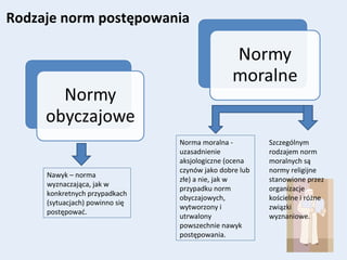 Rodzaje norm postępowania
Nawyk – norma
wyznaczająca, jak w
konkretnych przypadkach
(sytuacjach) powinno się
postępować.
Szczególnym
rodzajem norm
moralnych są
normy religijne
stanowione przez
organizacje
kościelne i różne
związki
wyznaniowe.
Norma moralna -
uzasadnienie
aksjologiczne (ocena
czynów jako dobre lub
złe) a nie, jak w
przypadku norm
obyczajowych,
wytworzony i
utrwalony
powszechnie nawyk
postępowania.
 