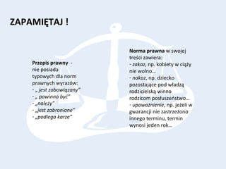 ZAPAMIĘTAJ !
Norma prawna w swojej
treści zawiera:
- zakaz, np. kobiety w ciąży
nie wolno…
- nakaz, np. dziecko
pozostające pod władzą
rodzicielską winno
rodzicom posłuszeństwo…
- upoważnienie, np. jeżeli w
gwarancji nie zastrzeżono
innego terminu, termin
wynosi jeden rok…
Przepis prawny -
nie posiada
typowych dla norm
prawnych wyrazów:
- „ jest zobowiązany”
- „ powinno być”
- „należy”
- „jest zabronione”
- „podlega karze”
 