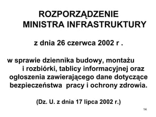 ROZPORZĄDZENIE
MINISTRA INFRASTRUKTURY
z dnia 26 czerwca 2002 r .
w sprawie dziennika budowy, montażu
i rozbiórki, tablicy informacyjnej oraz
ogłoszenia zawierającego dane dotyczące
bezpieczeństwa pracy i ochrony zdrowia.
(Dz. U. z dnia 17 lipca 2002 r.)
14

 