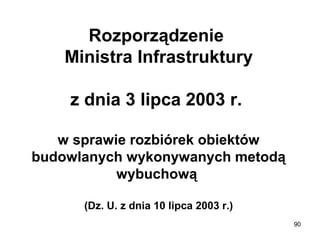 Rozporządzenie 
Ministra Infrastruktury
z dnia 3 lipca 2003 r. 
w sprawie rozbiórek obiektów 
budowlanych wykonywanych metodą 
wybuchową 
(Dz. U. z dnia 10 lipca 2003 r.)
90

 