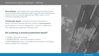 www.beyond.pl
Dane osobowe – są to wszelkie informacje dotyczące konkretnej osoby,
za pomocą których bez większego wysiłku można tę osobę zidentyfikować,
chociaż nie jest ona wyraźnie wskazana (np. PESEL, adres e-mail w
niektórych przypadkach także IP).
Przetwarzanie danych – jakiekolwiek operacje wykonywane na
danych osobowych, takie jak zbieranie, utrwalanie, przechowywanie,
opracowywanie, zmienianie, udostępnianie i usuwanie, a zwłaszcza te,
które wykonuje się w systemach informatycznych.
Kto uczestniczy w procesie przetwarzania danych?
1. OSOBA – której dane dotyczą
2. ADMINISTRATOR – kontroluje zarządzanie danymi
3. PRZETWARZAJĄCY dane – w kontekście chmury będzie to najczęściej
dostawca usługi cloud computing
Przetwarzanie danych osobowych - definicje
 