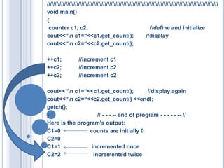 //////////////////////////////////////////////////////////////////////////////////////////////////////////////
void main()
{
counter c1, c2; //define and initialize
cout<<“n c1=“<<c1.get_count(); //display
cout<<“n c2=“<<c2.get_count();
++c1; //increment c1
++c2; //increment c2
++c2; //increment c2
cout<<“n c1=“<<c1.get_count(); //display again
cout<<“n c2=“<<c2.get_count() <<endl;
getch();
} // - - - -- end of program - - - - - -- //
Here is the program’s output:
C1=0 counts are initially 0
C2=0
C1=1 incremented once
C2=2 incremented twice
 