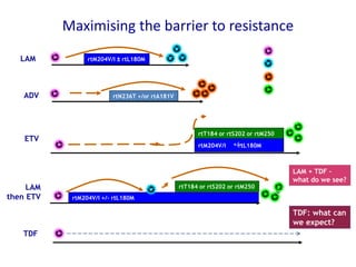 ADV rtN236T +/or rtA181V
Wild-type virus
ADV-resistant virus
LAM-resistant virus
LAM rtM204V/I ± rtL180M
ETV-resistant virus
rtT184 or rtS202 or rtM250
ETV
rtM204V/I rtL180M+/-
TDF
TDF: what can
we expect?
rtM204V/I +/- rtL180M
LAM
then ETV
rtT184 or rtS202 or rtM250
LAM + TDF –
what do we see?
Maximising the barrier to resistance
 