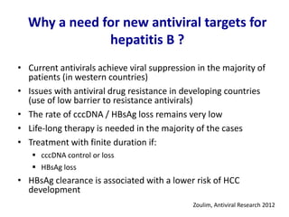 Why a need for new antiviral targets for
hepatitis B ?
• Current antivirals achieve viral suppression in the majority of
patients (in western countries)
• Issues with antiviral drug resistance in developing countries
(use of low barrier to resistance antivirals)
• The rate of cccDNA / HBsAg loss remains very low
• Life-long therapy is needed in the majority of the cases
• Treatment with finite duration if:
 cccDNA control or loss
 HBsAg loss
• HBsAg clearance is associated with a lower risk of HCC
development
Zoulim, Antiviral Research 2012
 