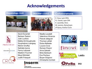 Acknowledgements
Hepatology Unit INSERM U1052 Collaborations
David Durantel
Barbara Testoni
Julie Lucifora
Malika Ait-Goughoulte
Souphalone Luangsay
Marion Gruffaz
Nathalie Isorce
Fanny Lebossé
Maelenn Fournier
Maud Michelet
Judith Fresquet
LabEx
C. Caux, Lyon CRCL
FL. Cosset, Lyon CIRI
K. Lacombe, Paris
M. Levrero, Rome/Lyon
JP Quivy, Institut Curie
IHU
Maelle Locatelli
Valentina d’Arienza
Pascal Jalaguier
Thomas Lahlali
Dulce Alafaiate
Lucyna Cova
Romain Parent
Anna Salvetti
Birke Bartosch
Eve Pecheur
Boyan Grigorov
Christophe Combet
 