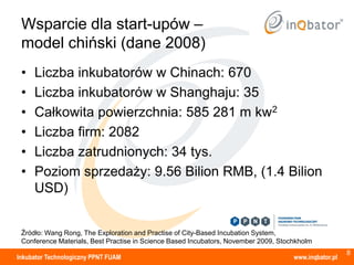 Wsparcie dla start-upów –
 model chiński (dane 2008)
 •   Liczba inkubatorów w Chinach: 670
 •   Liczba inkubatorów w Shanghaju: 35
 •   Całkowita powierzchnia: 585 281 m kw2
 •   Liczba firm: 2082
 •   Liczba zatrudnionych: 34 tys.
 •   Poziom sprzedaży: 9.56 Bilion RMB, (1.4 Bilion
     USD)


 Źródło: Wang Rong, The Exploration and Practise of City-Based Incubation System,
 Conference Materials, Best Practise in Science Based Incubators, November 2009, Stochkholm
                                                                                                       8
Inkubator Technologiczny PPNT FUAM                                                   www.inqbator.pl
 