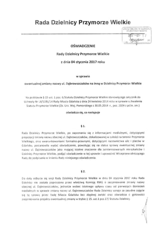Oświadczenie RD Przymorze Wielkie ws. dekomunizacji ul. Dąbrowszczaków