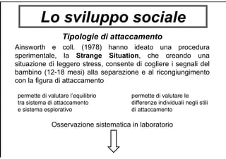 Lo sviluppo sociale
Tipologie di attaccamento
Ainsworth e coll. (1978) hanno ideato una procedura
sperimentale, la Strange Situation, che creando una
situazione di leggero stress, consente di cogliere i segnali del
bambino (12-18 mesi) alla separazione e al ricongiungimento
con la figura di attaccamento
Osservazione sistematica in laboratorio
permette di valutare l’equilibrio
tra sistema di attaccamento
e sistema esplorativo
permette di valutare le
differenze individuali negli stili
di attaccamento
 