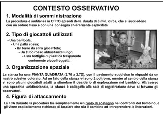 La procedura è suddivisa in OTTO episodi della durata di 3 min. circa, che si succedono
con un ordine fisso e con una consegna chiaramente esplicitata
CONTESTO OSSERVATIVO
1. Modalità di somministrazione
3. Organizzazione spaziale
2. Tipo di giocattoli utilizzati
La stanza ha una PIANTA QUADRATA (2,70 x 2,70), con il pavimento suddiviso in riquadri da un
nastro adesivo colorato. Ad un lato della stanza vi sono 2 poltrone, mentre al centro della stanza
vi sono alcuni giocattoli adatti a stimolare il desiderio di esplorazione nel bambino. Attraverso
uno specchio unidirezionale, la stanza è collegata alla sala di registrazione dove si trovano gli
osservatori.
- Una bambola;
- Una palla rossa;
- Un ferro da stiro giocattolo;
- Un tubo rosso abbastanza lungo;
- Una bottiglia di plastica trasparente
contenente piccoli oggetti.
4. Figura di attaccamento
La FdA durante la procedura ha semplicemente un ruolo di sostegno nei confronti del bambino, e
gli viene esplicitamente richiesto di lasciare che sia il bambino ad intraprendere le interazioni.
 