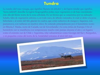 La tundra (del ruso тундра, que significa ‘llanura sin árboles’ y del lapón tūndâr que significa
‘tierra infértil’) describe la región biogeográfica polar, cuya vegetación es de bajo crecimiento
más allá del límite norte de la zona arbolada. Es un bioma que se caracteriza por su subsuelo
helado, falta de vegetación arbórea o, en todo caso, de árboles naturales, lo cual se debe a la poca
heliofanía y al estrés del frío glacial; los suelos, que están cubiertos de musgos y líquenes, son
pantanosos, con turberas en muchos sitios. Se extiende principalmente por el hemisferio norte:
en Siberia,1 Alaska, norte de Canadá, sur de Groenlandia y la costa ártica de Europa.1 En el
hemisferio sur se manifiesta con temperaturas mucho más parejas durante el año y en lugares
como el extremo sur de Chile y Argentina, islas subantárticas como Georgia del Sur y Kerguelen,
y en pequeñas zonas del norte de la Antártida2 cercanas al nivel del mar.
Tundra
 