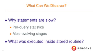 • Why statements are slow?
• Per-query statistics
• Most evolving stages
• What was executed inside stored routine?
What Can We Discover?
12
 