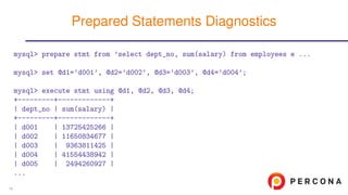 mysql> prepare stmt from ’select dept_no, sum(salary) from employees e ...
mysql> set @d1=’d001’, @d2=’d002’, @d3=’d003’, @d4=’d004’;
mysql> execute stmt using @d1, @d2, @d3, @d4;
+---------+-------------+
| dept_no | sum(salary) |
+---------+-------------+
| d001 | 13725425266 |
| d002 | 11650834677 |
| d003 | 9363811425 |
| d004 | 41554438942 |
| d005 | 2494260927 |
...
Prepared Statements Diagnostics
16
 