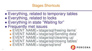 • Everything, related to temporary tables
• Everything, related to locks
• Everything in state ”Waiting for”
• Frequently met issues
• EVENT NAME=’stage/sql/freeing items’
• EVENT NAME=’stage/sql/Sending data’
• EVENT NAME=’stage/sql/cleaning up’
• EVENT NAME=’stage/sql/closing tables’
• EVENT NAME=’stage/sql/end’
Stages Shortcuts
24
 