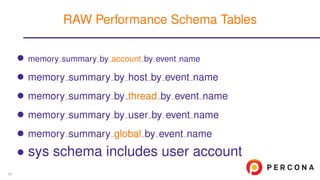 • memory summary by account by event name
• memory summary by host by event name
• memory summary by thread by event name
• memory summary by user by event name
• memory summary global by event name
• sys schema includes user account
RAW Performance Schema Tables
29
 
