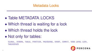 • Table METADATA LOCKS
• Which thread is waiting for a lock
• Which thread holds the lock
• Not only for tables:
GLOBAL, SCHEMA, TABLE, FUNCTION, PROCEDURE, EVENT, COMMIT, USER LEVEL LOCK,
TABLESPACE
Metadata Locks
33
 