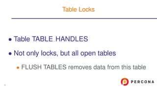 • Table TABLE HANDLES
• Not only locks, but all open tables
• FLUSH TABLES removes data from this table
Table Locks
35
 