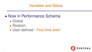 • Now in Performance Schema
• Global
• Session
• User-deﬁned - First time ever!
Variables and Status
43
 