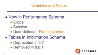 • Now in Performance Schema
• Global
• Session
• User-deﬁned - First time ever!
• Tables in Information Schema
• Deprecated in 5.7
• Removed in 8.0.1
Variables and Status
43
 
