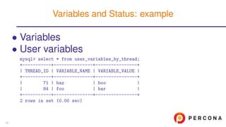 • Variables
• User variables
mysql> select * from user_variables_by_thread;
+-----------+---------------+----------------+
| THREAD_ID | VARIABLE_NAME | VARIABLE_VALUE |
+-----------+---------------+----------------+
| 71 | baz | boo |
| 84 | foo | bar |
+-----------+---------------+----------------+
2 rows in set (0.00 sec)
Variables and Status: example
45
 