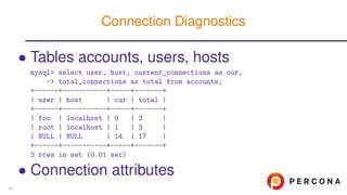 • Tables accounts, users, hosts
mysql> select user, host, current_connections as cur,
-> total_connections as total from accounts;
+------+-----------+-----+-------+
| user | host | cur | total |
+------+-----------+-----+-------+
| foo | localhost | 0 | 3 |
| root | localhost | 1 | 3 |
| NULL | NULL | 14 | 17 |
+------+-----------+-----+-------+
3 rows in set (0.01 sec)
• Connection attributes
Connection Diagnostics
47
 