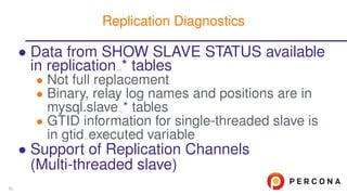 • Data from SHOW SLAVE STATUS available
in replication * tables
• Not full replacement
• Binary, relay log names and positions are in
mysql.slave * tables
• GTID information for single-threaded slave is
in gtid executed variable
• Support of Replication Channels
(Multi-threaded slave)
Replication Diagnostics
50
 